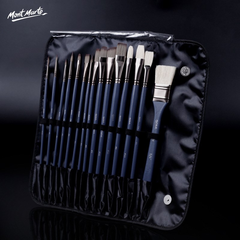 艺博15支油画笔套装猪鬃圆头丙烯水粉笔油画笔尼龙毛布包画笔