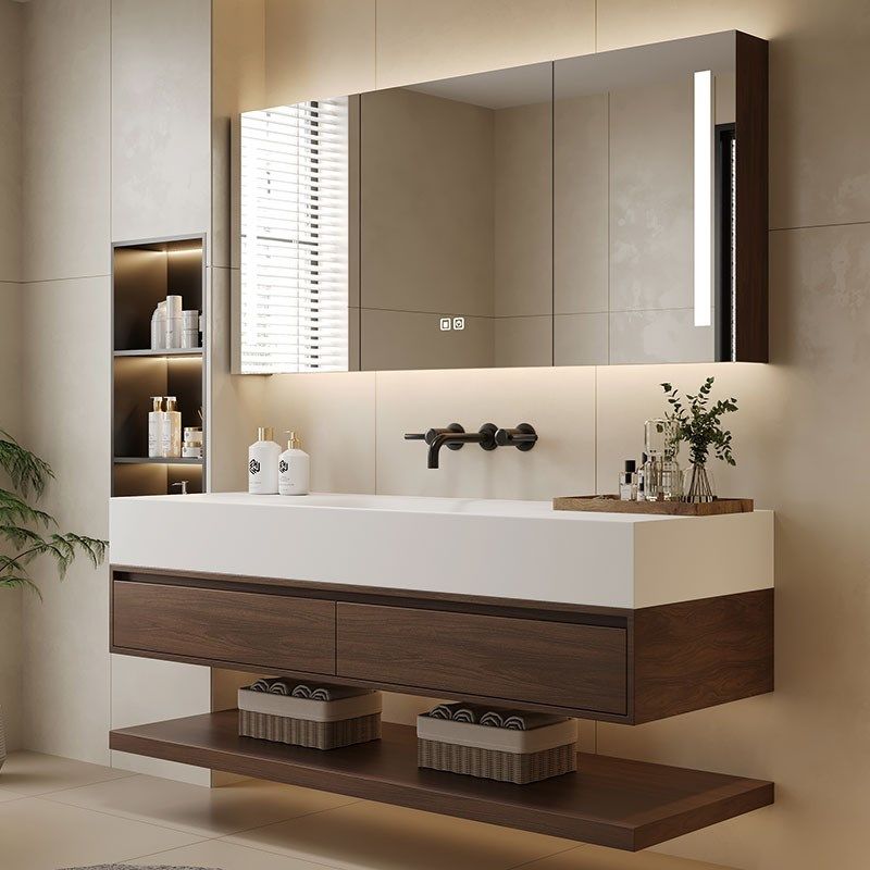 风丽耐岩板热弯无缝一体盆橡木浴室柜洗脸洗漱台盆定制