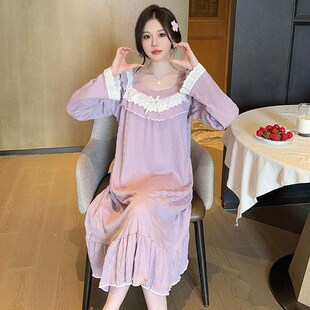 睡裙女春秋季 200斤胖MM孕妇宽松睡衣家居服 长袖 提花棉加肥加大码