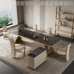 计师简约公室高CDP级感办奢 岩石板茶桌椅组合轻奢现代202设3新款