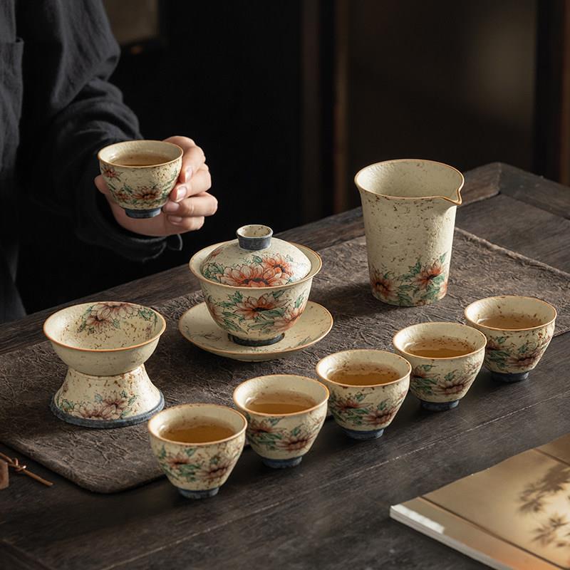 青花火石红功夫茶具套装陶瓷家用三才盖碗中式复古办公泡茶器茶杯