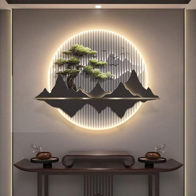 新中式山水走廊挂画玄关装饰画入户客厅茶室背景墙圆形发光壁画灯