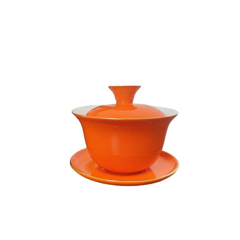 薄胎骨瓷潮州功夫茶具三才碗茶杯陶瓷杯子橙色描金泡茶碗家用盖碗