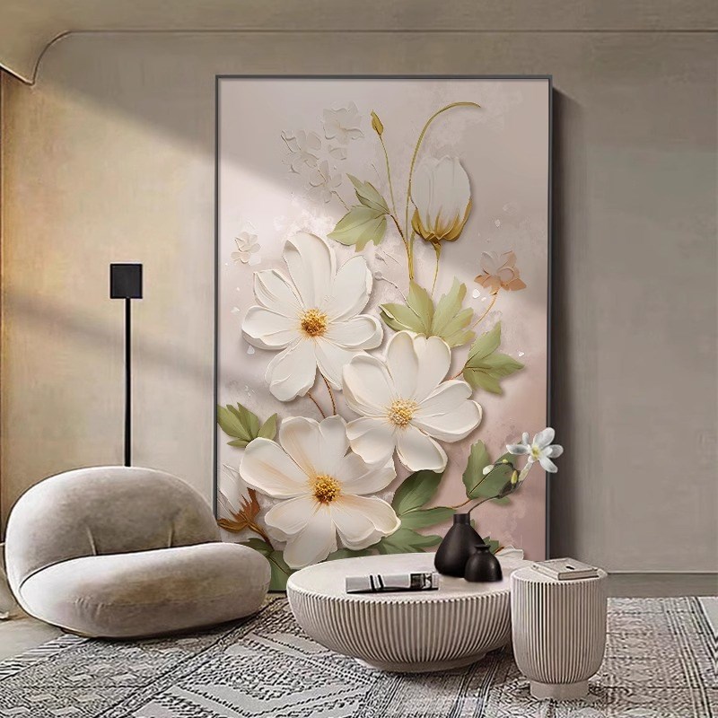 奶油风入户玄关装饰画高级感客厅沙发背景墙挂画立体浮雕花卉壁画图片