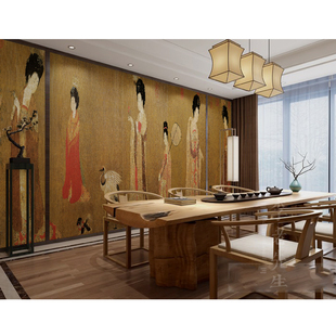 唐代美人簪仕女图墙纸国画古典壁纸饭店民宿摄影背景墙壁画