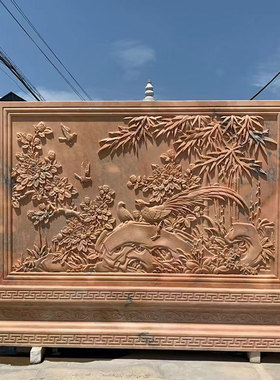 晚霞红石雕影壁墙室外浮雕景墙石台石头福字别墅庭院浮雕装饰