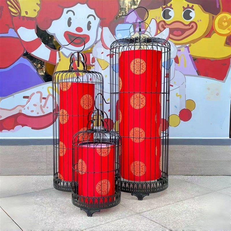 新中式铁艺鸟笼吊灯落地灯酒吧咖啡厅通道灯具灯饰喜庆红灯笼挂灯