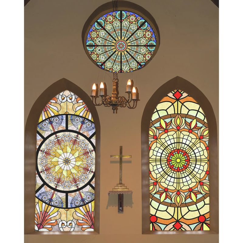 欧式圆形玻璃贴膜教堂贴纸复古彩色卫生间浴室贴花透光不透明磨砂