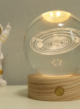 充电发光底座实木木质灯座小夜灯水晶球琉璃工艺品装饰锂电触摸