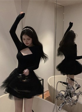 年会连衣裙女黑色蓬蓬短裙2024秋季新款法式气质网纱礼服公主裙子