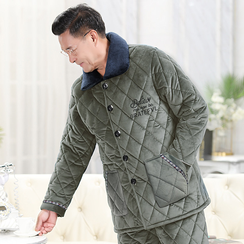 睡衣男冬季加厚加绒珊瑚绒夹棉高领中老年爸爸保暖家居服套装秋冬