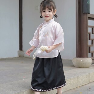 女童民国风旗袍粉色倒大袖传统文艺范儿童国风盘扣上衣筒裙表演服