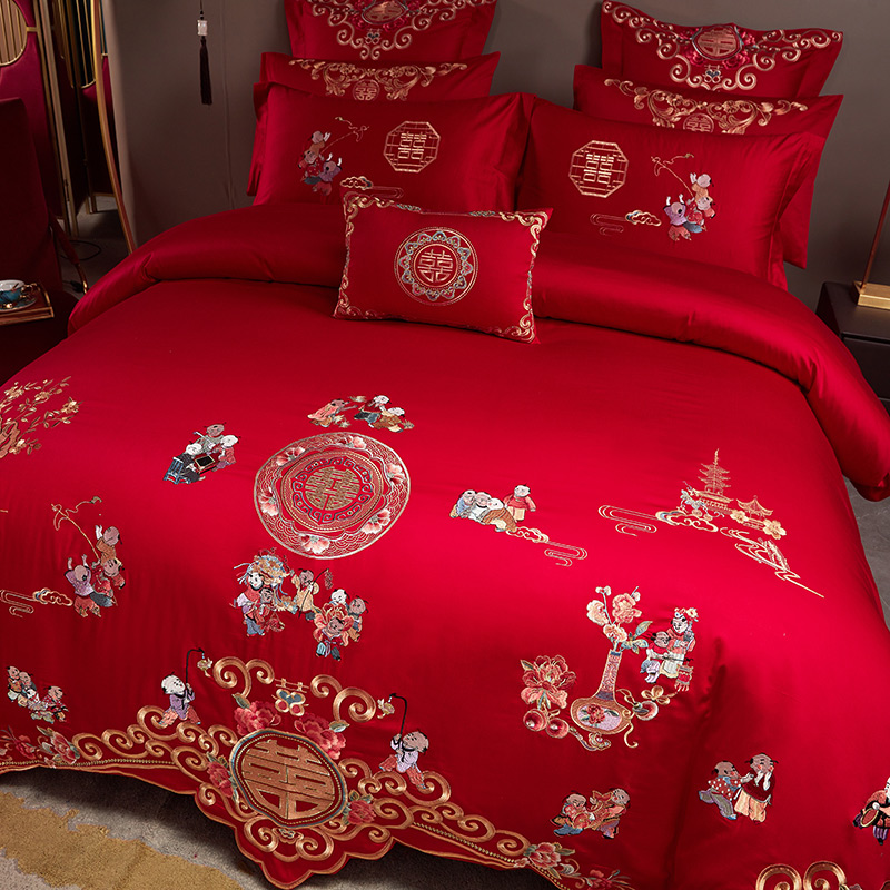 100支百子图婚庆四件套大红子孙被喜被纯棉百福喜被结婚房嫁用品4
