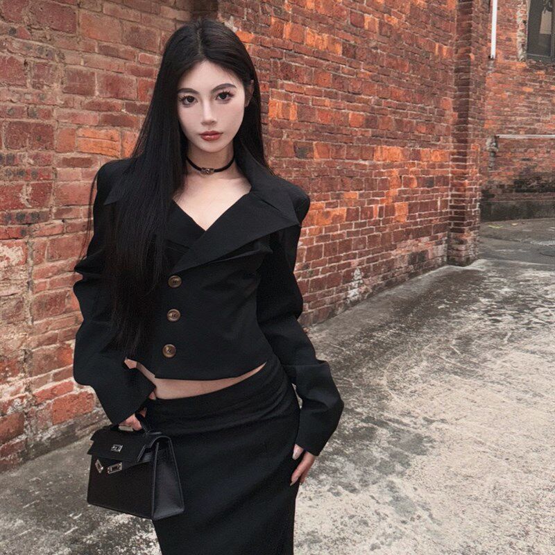 收腰气质西装外套上衣女秋季新款高腰包臀鱼尾裙韩剧女装两件套装,女装/女士精品,时尚套装,淘宝优惠券,粉丝福利购,淘宝优惠卷