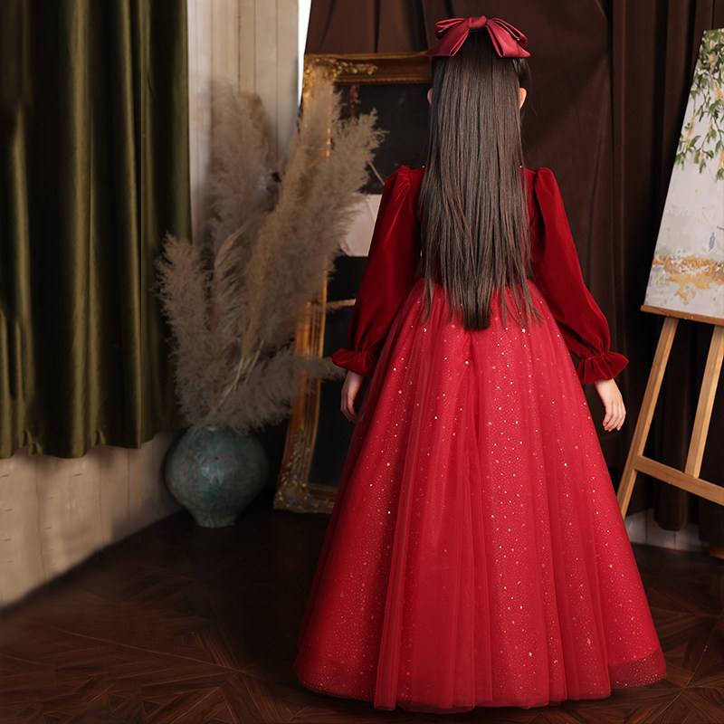 红色女童礼服秋冬轻奢小众高端钢琴主持人婚礼花童十岁生日公主裙