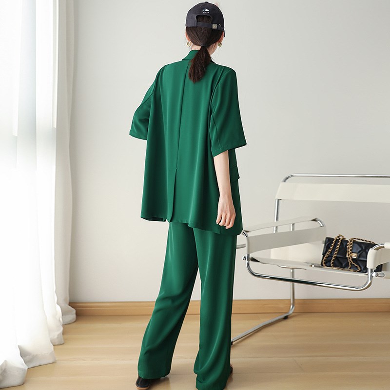 2024夏季新款大码女装薄款短袖西装套装胖mm宽松西服阔腿裤两件套