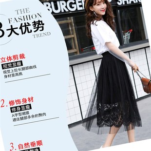 大码 a字蕾丝百折黑色纱裙 网纱半身裙春秋胖m垂感高腰百褶裙中长款