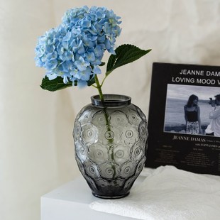 新中式复古浮雕玻璃花瓶客厅水培插花芍药鲜花轻奢高级感家居摆件