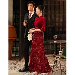 旗袍晚礼服裙女秋冬季高级感回门改良中式订婚红色结婚敬酒服新娘