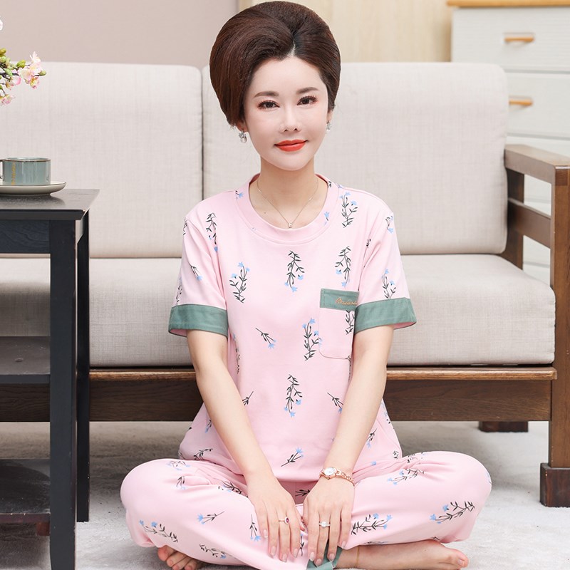 妈妈睡衣夏季薄款纯棉短袖长裤中年人妇女士家居服夏天休闲加大码