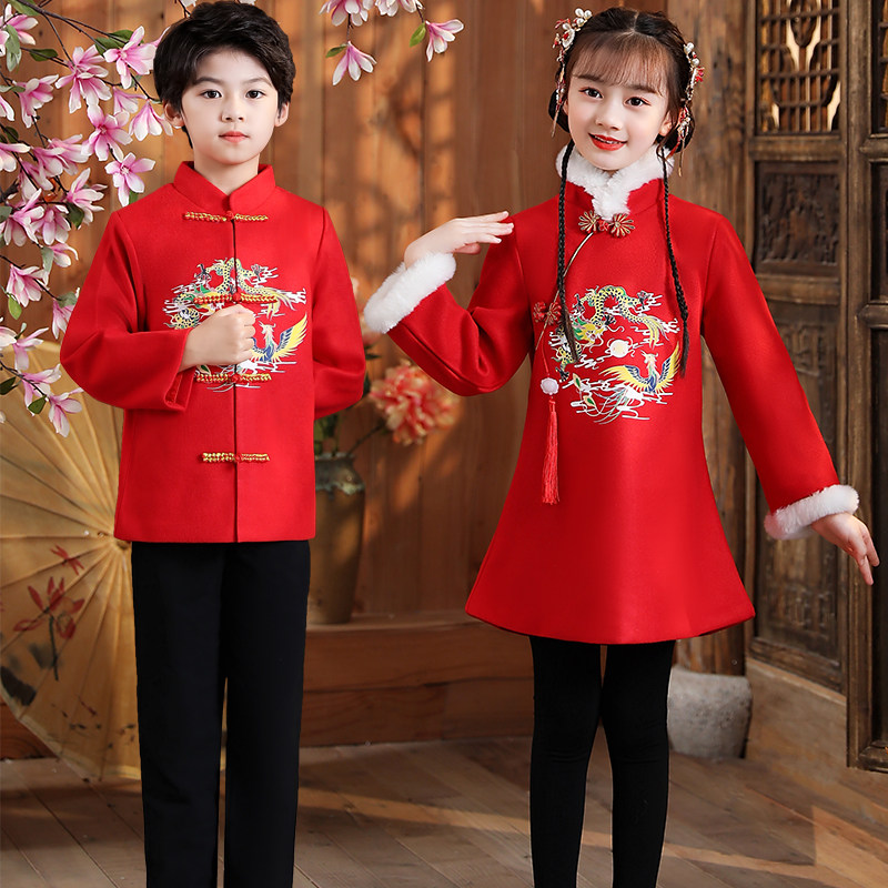 儿童唐装中国风小学生合唱诗歌朗诵男女童红色中式礼服套装表演服