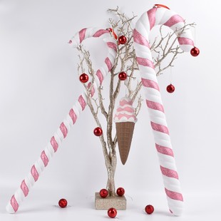 圣诞节彩绘粉白色拐杖23CM至90CM拐杖摆件舞蹈影楼商场装 饰道具
