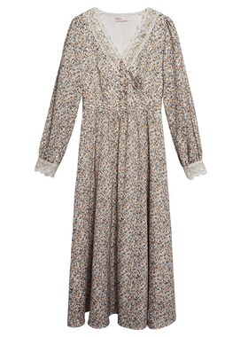 固执复古长袖碎花V领中长款雪纺连衣裙32813LQ06668