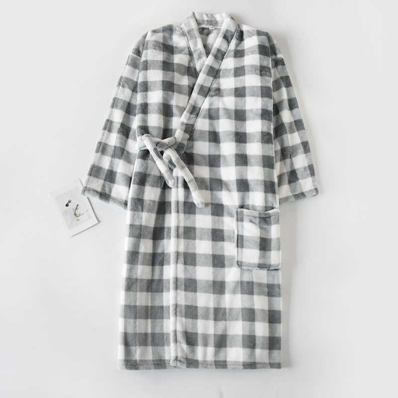 格子日系珊瑚绒睡袍女士秋冬季法兰绒加厚保暖加绒浴袍家居服睡衣