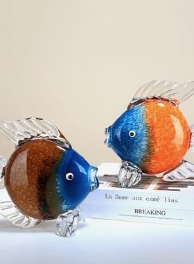 琉璃轻奢亲嘴鱼对嘴鱼动物摆件招财客厅样板房玄关桌面装饰品送礼