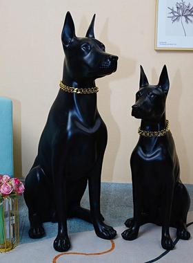 沙发旁落地狗摆件杜宾犬客厅摆设黑色风水仿真入户鞋柜装饰看门狗