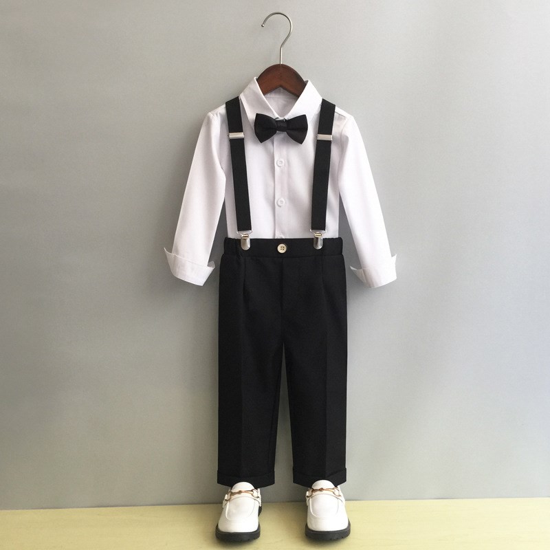 儿童西装背带裤套装男童帅气周岁男孩英伦走秀演出服花童礼服春秋