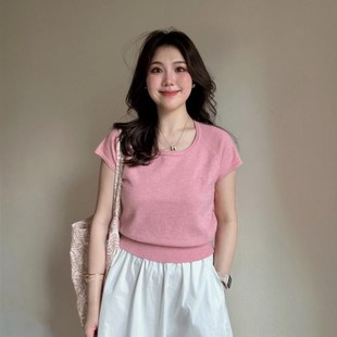 微胖MM粉色温柔气质简约设计感t恤女针织衫 方领上衣 修身 显瘦短款