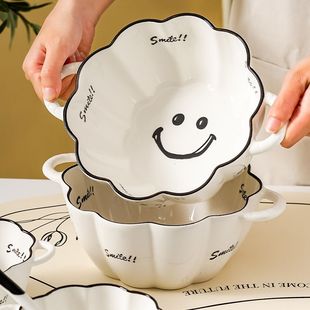 山姆优选ins风双耳汤碗家用高颜值小清新陶瓷大碗带把手防烫螺丝