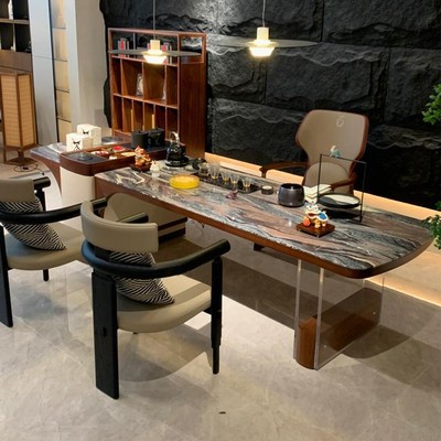 新中式岩板茶桌2024新款高端北美黑胡桃木泡茶桌轻奢现代高级感