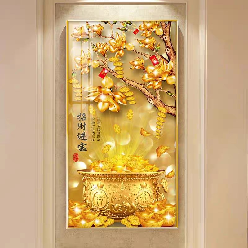 新中式发财树入户进门玄关装饰画客厅招财走廊过道聚宝盆墙壁挂画图片