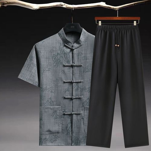 唐装男夏季短袖套装爸爸装中国风男士休闲薄款新中式老人衣服套装