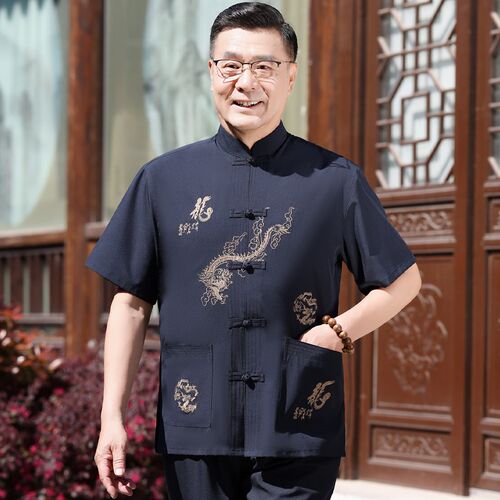 夏休闲宽松中老年唐装男短袖上衣大码中国绣龙爸爸爷爷功夫太极服