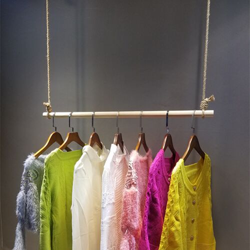 服装店吊环吊挂展示架麻绳木棍上墙吊环吊架店铺装修挂衣服服装架