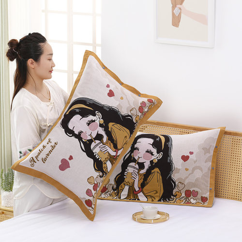 按扣纯棉纱布枕套卡通家庭一对装成人加大加厚枕头套枕芯套居家