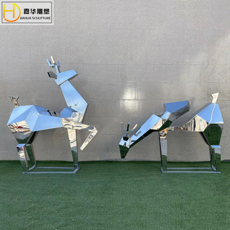 铁艺不锈钢鹿雕塑制作抽象几何切面镜面拉丝大小型摆件户外园景区