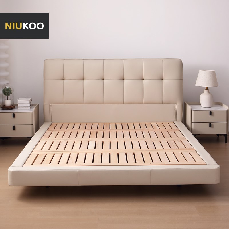NIUKOO 真皮床榉木排骨架双人床1.8简约现代小户型极简齐边悬浮床