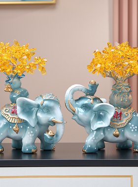 大象摆件一对招财纳福客厅玄关电视柜装饰品 创意水晶树新家摆设