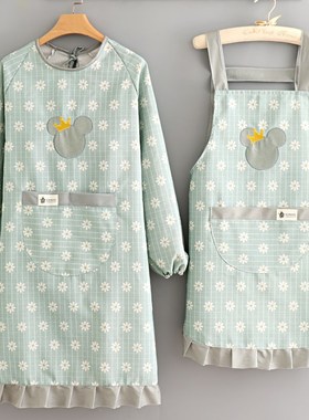 厨房上班做饭围裙女做饭罩衣长袖帆布防油工作服可爱韩版洋气年轻