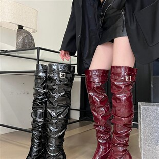 漆皮靴子女2024秋冬新款女鞋超高跟7cm时尚过膝女款长靴堆堆靴潮