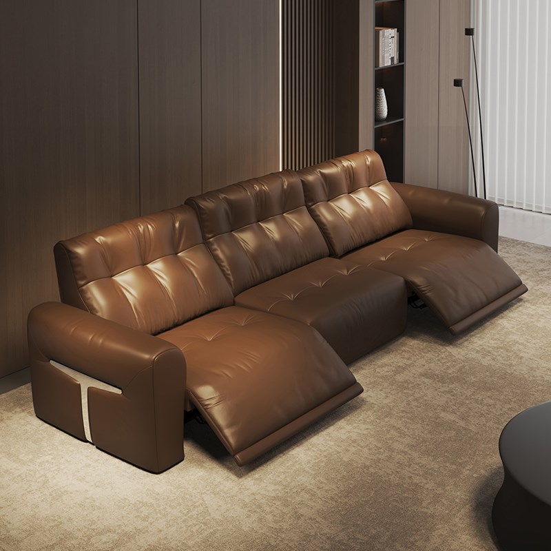 意式复古真皮沙发电动功能直排三人位皮沙发棕色小户型客厅家具