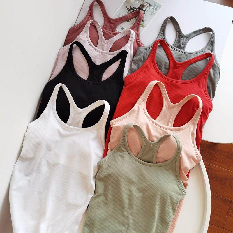 带胸垫瑜伽服长款螺纹工字运动背心女打底跑步健身训练上衣透气