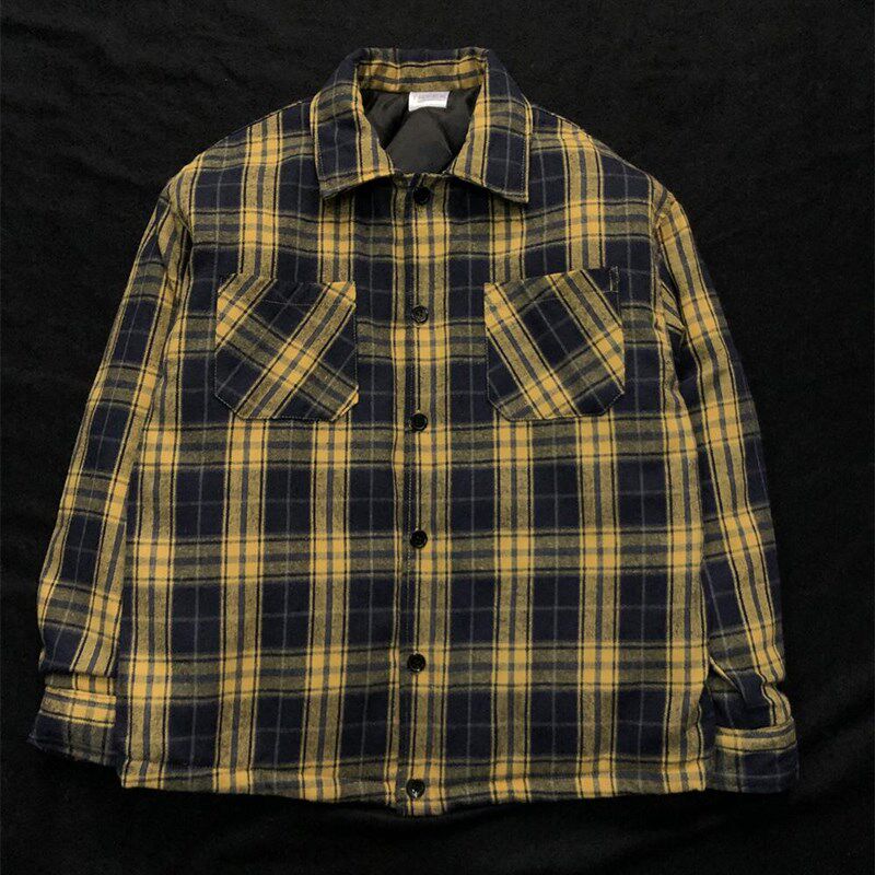 复古黄色格子棉服男款冬季薄棉男生冬天外套男冬超好看衬衫棉衣潮