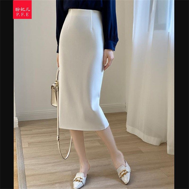 西装面料弹力半身裙高腰后开叉修身一步裙2024春秋包臀过膝中长裙