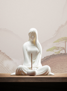 创意禅意家居景观茶桌面造景青瓷仕女香道摆件少女白瓷人物艺术品