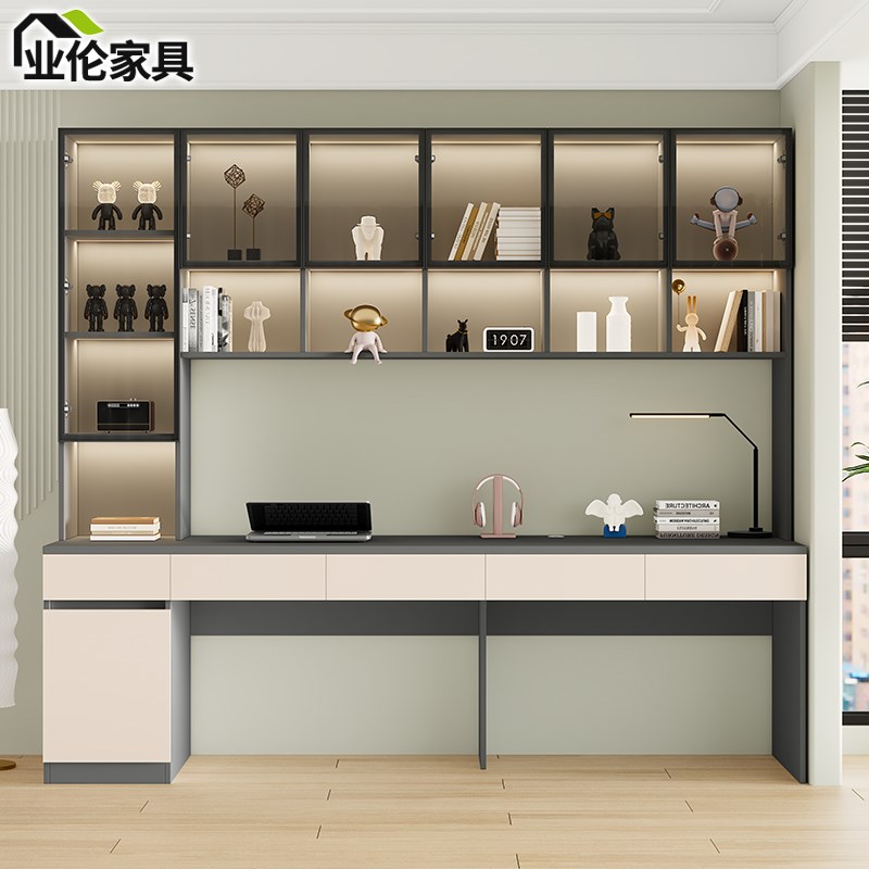 轻奢双人书桌书架一体学习桌家用办公桌电脑台式桌书柜工作桌3L15